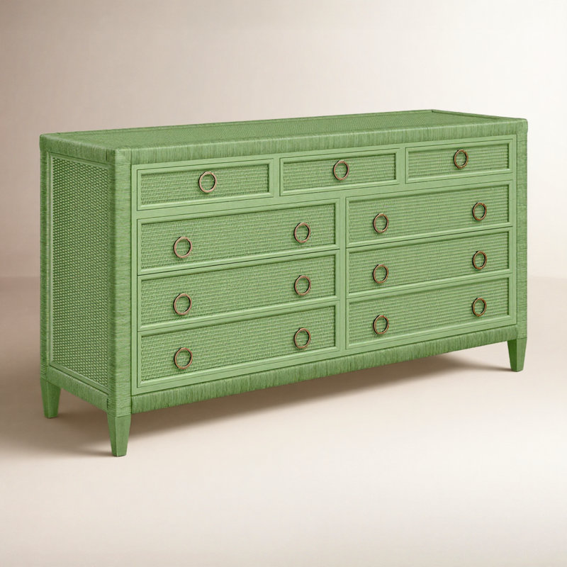 Warwick 9 Drawer 64" W Rattan Double Dresser, Satin Brass, Celery