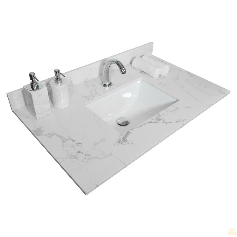 Dessus de meuble-lavabo en pierre de couleur blanche avec lavabo en céramique encastré et trou de robinet simple avec dosseret de salle de bain