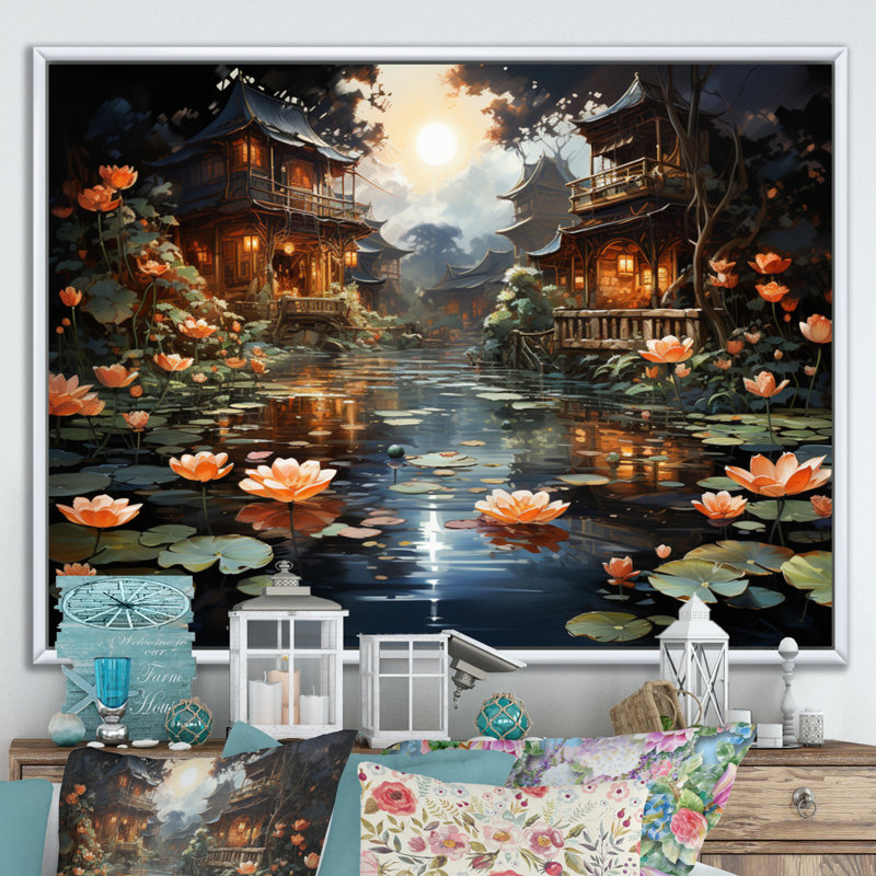 «Mariannah China Art Lotus Lantern II», reproduction, H 34 po x l 44 po x P 1,5 po, Cadre flottant blanc