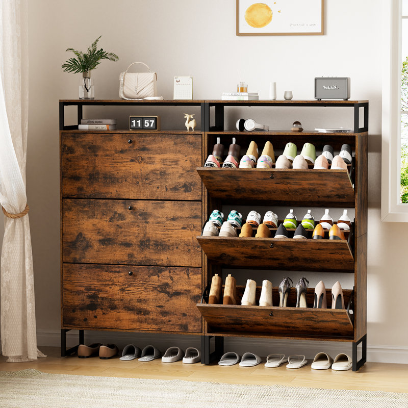 24 Pair Shoe Storage Cabinet, Industrial Shoe Storage Organizer Unit with 3 Flip Drawers