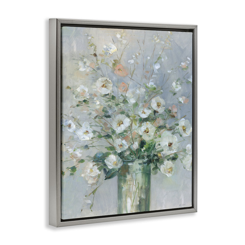 Cadre flottant Delicate White Blossoms Impression, design par Sally Swatland, Cadre flottant gris lustré, H 21 po x l 17 po