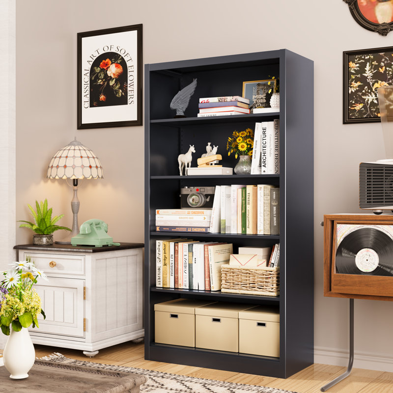 Bookcase,5 Tier Black Bookshelves,55" Tall Free Standing Metal Bookcase with Adjustable Storage Shelves, Industrial Wide Bookshelf for Bedroom Living Room Home Office School (Black)