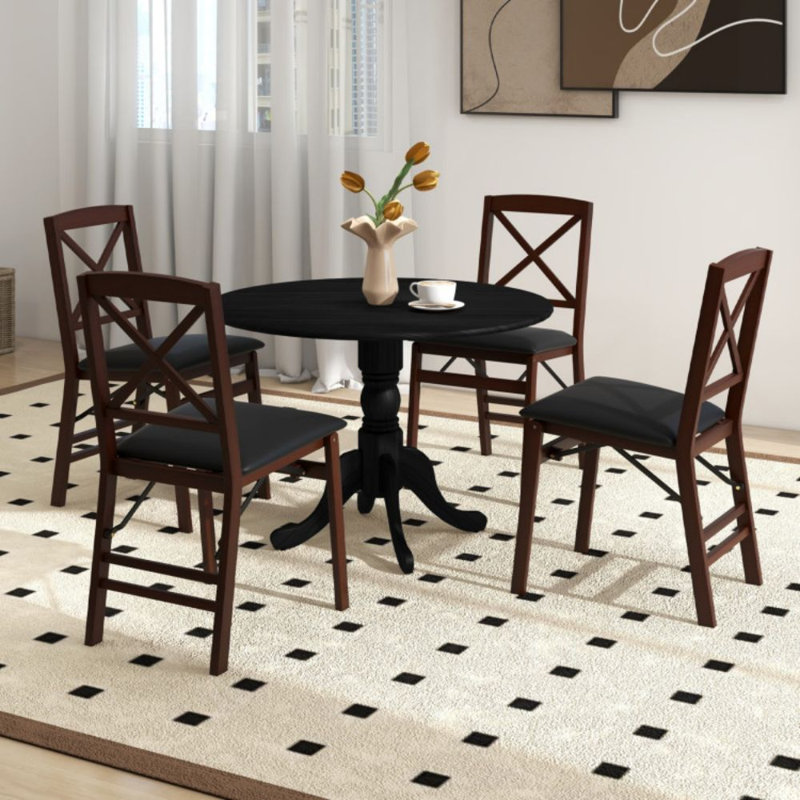 Wooden Dining Table With Round Tabletop And Curved Trestle Legs, Black, Black