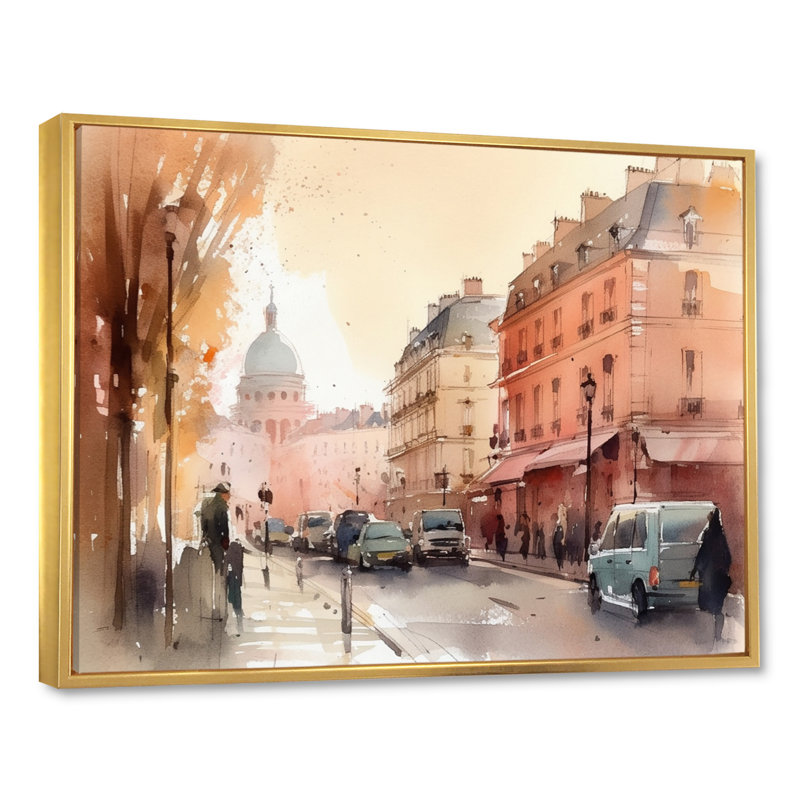 Aquarelle de Paris, France III - impression, H 30 po x l 40 po x P 1,5 po, Cadre flottant doré