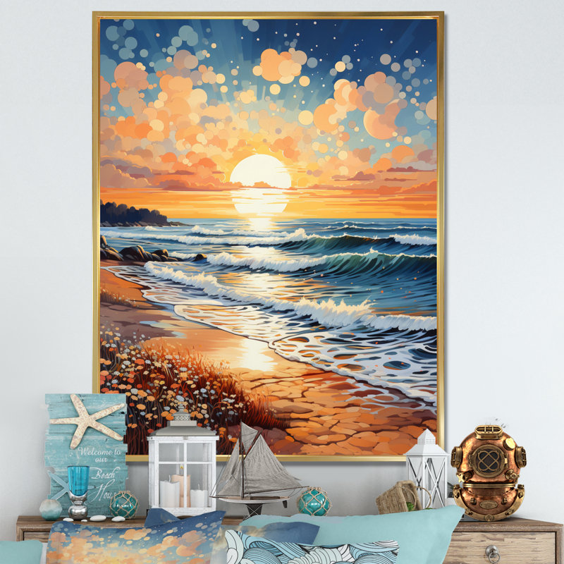 «Beach Sunkissed Sands Pointillism I», reproduction sur toile, H 32 po x l 24 po x P 1 po, Cadre flottant doré