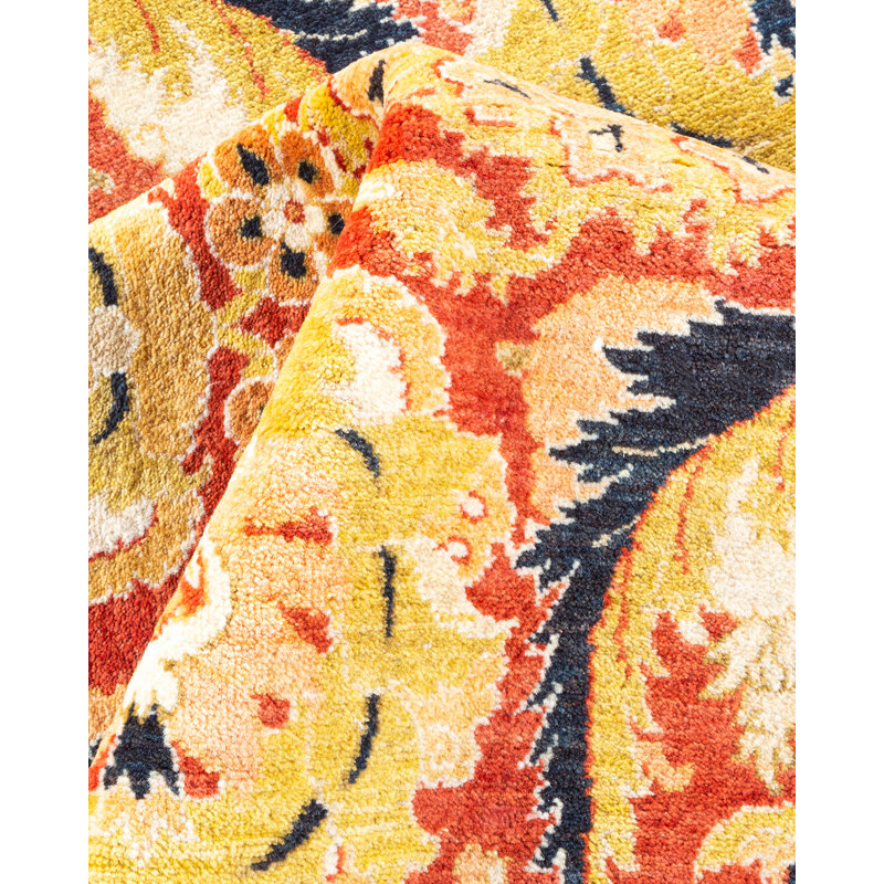 Tapis orange en laine noué à la main de conception unique 5 pi 10 po x 9 pi Hayner