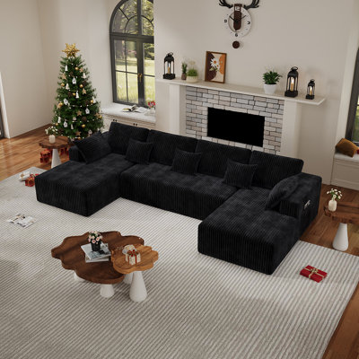 3 - Piece 129.9" U-shaped Convertible Sofa With Chaise Lounge, Modern Sofa Modular Sectional Cloud Couch, 4-seat Deep Seat Sofa With 9 Pillows, Boneless Sofa Couch For Livingroom Bedroom Apartment, Compression Sofa In A Box, No Assembly Required