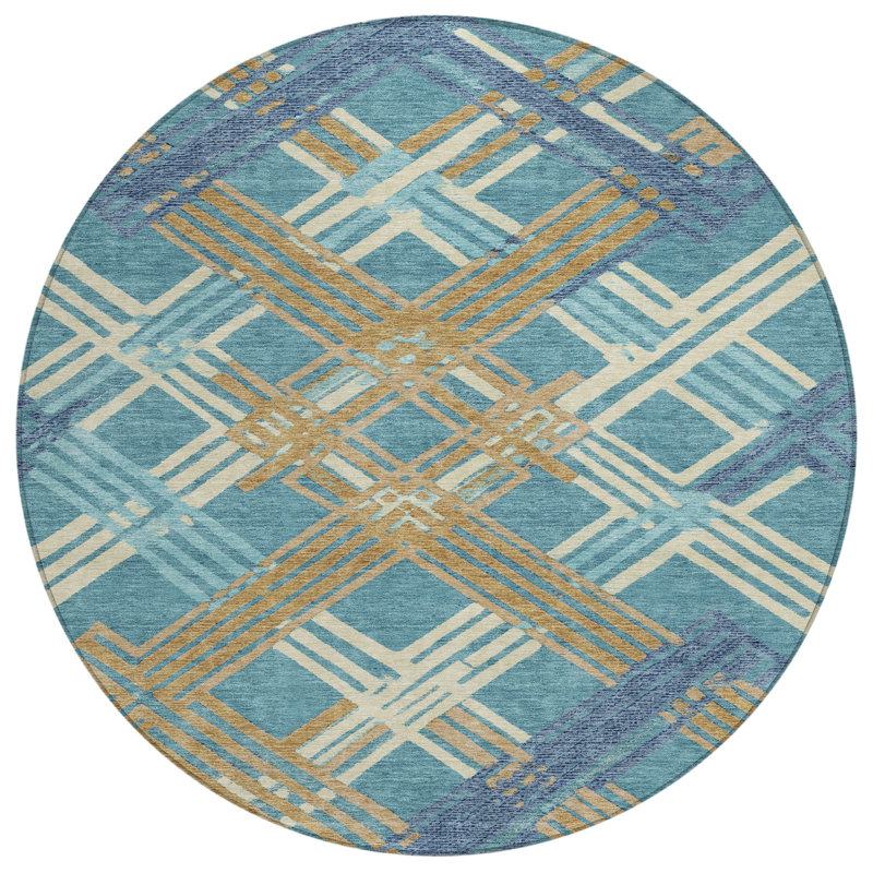 Machine Washable Indoor/Outdoor Chantille ACN2452 Geometric Rug, Teal, 8' Round