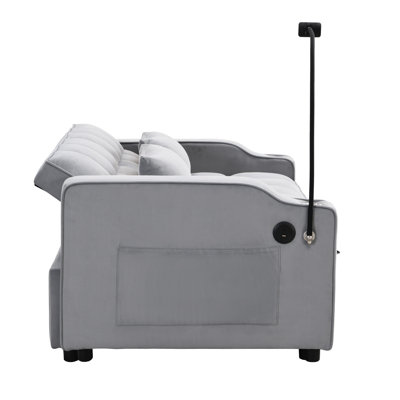 Futon convertible en velours gris pour petits espaces, avec siège coulissant réglable de haute qualité et support pour téléphone, inclinable à 3 niveaux,