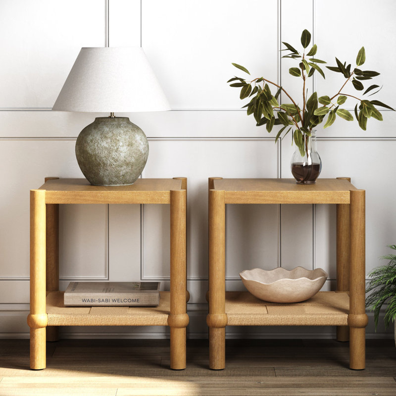 Modern Coastal Side Table with Solid Wood Legs and Seagrass Storage Shelf, 2-Pack, 2