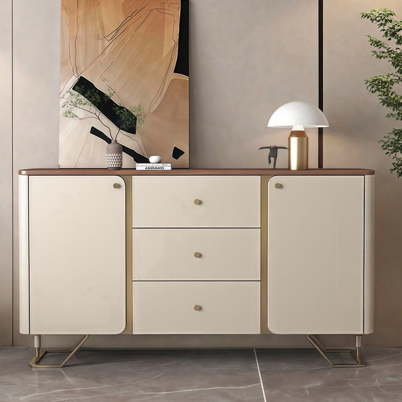 Buffet moderne en cuir avec rangement, Noyer / beige abricot / or