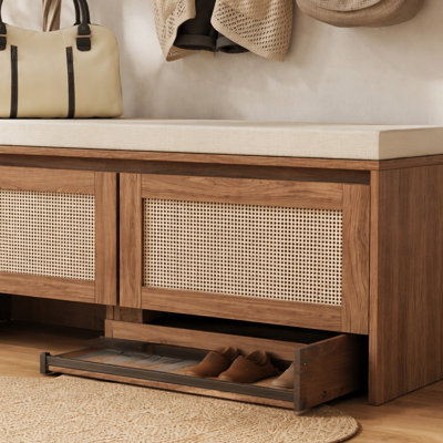 Banc de rangement en PP avec coussin, armoire à chaussures en faux rotin avec 2 portes, siège d'entrée en bois de style Mid-Century moderne, pour chambre à coucher, couloir, vestibule, finition naturelle