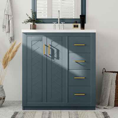 Meuble-lavabo de style rétro 30 po avec lavabo en céramique, cadre en bois massif, rangement spacieux et portes à fermeture en douceur