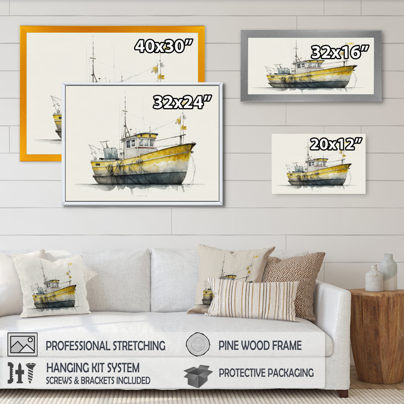 " Fisherman'S Boat In The Snow III ", 20" W x 12" H, Gold Picture Framed Canvas