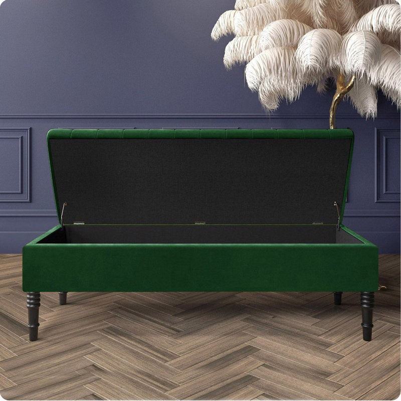 Safar Striped Ottoman Storage Bench – Upholstery Plush Velvet Shoe Bench with Black Turned Wooden Legs, Forest Green