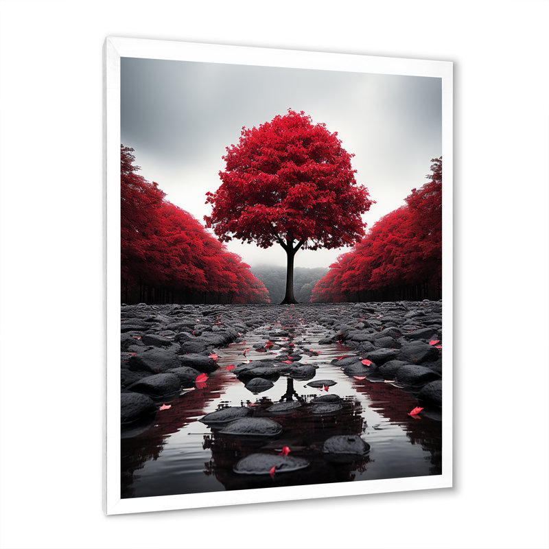Rouge et gris forêt sérénité - art mural forêt, Cadre simple blanc, H 44 po x l 34 po x P 1,5 po