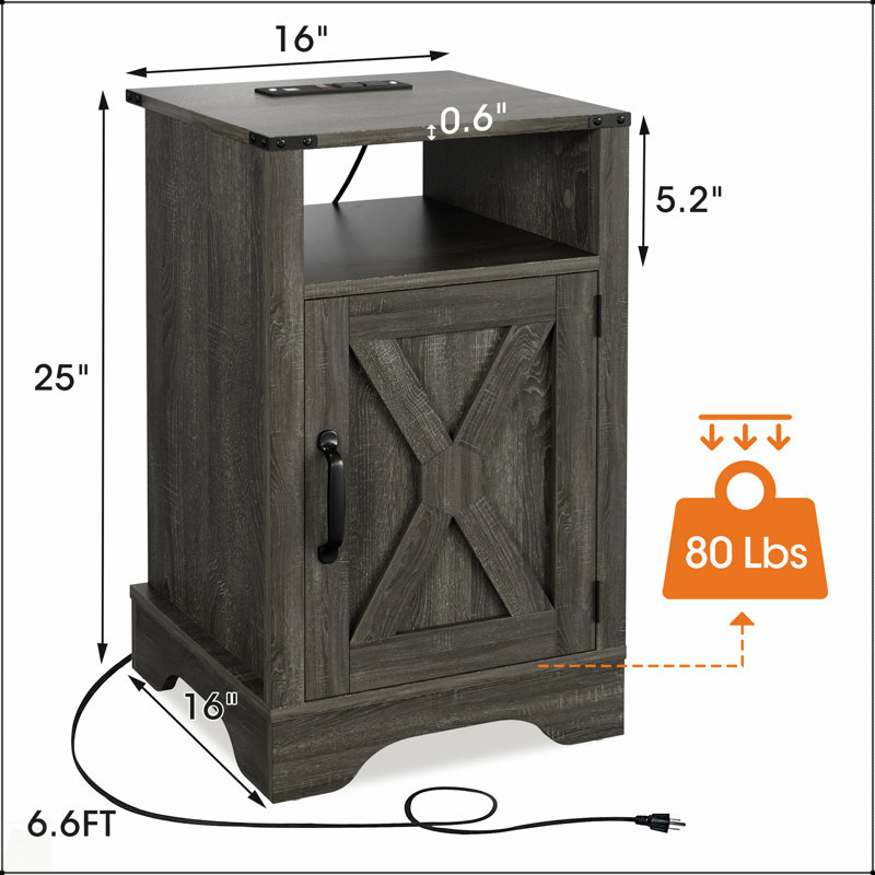 Farmhouse Nightstand Side Table, Wooden Rustic End Table With Electrical Outlets And Charging Station For Devices, Dark Grey 