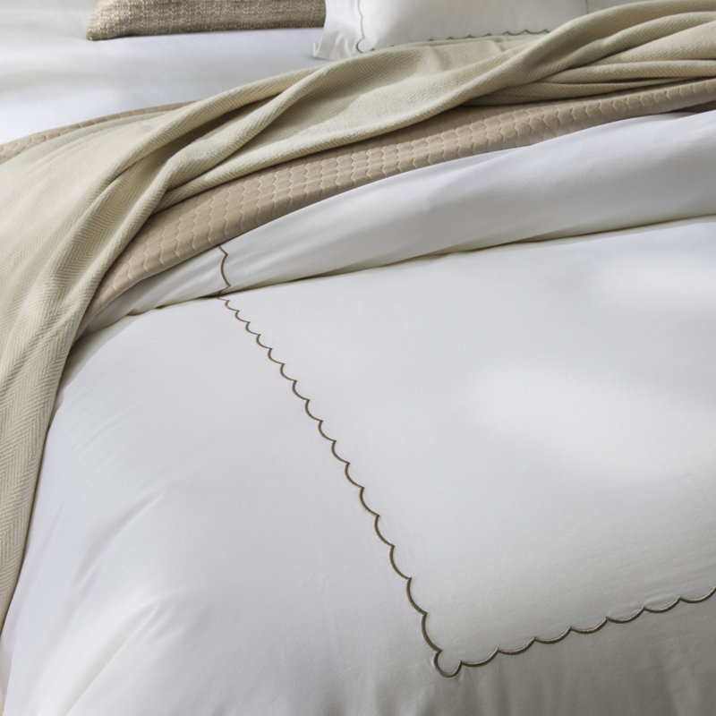 Scallop Hotel Linen Set, White/Tan, Twin Duvet Cover + 3 Additional Pieces