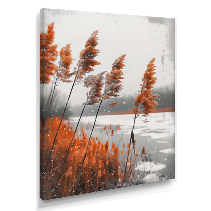 «Orange Grass Herbs Winter Lake», impression d'art mural paysage, H 30 po x l 40 po, Toile tendue