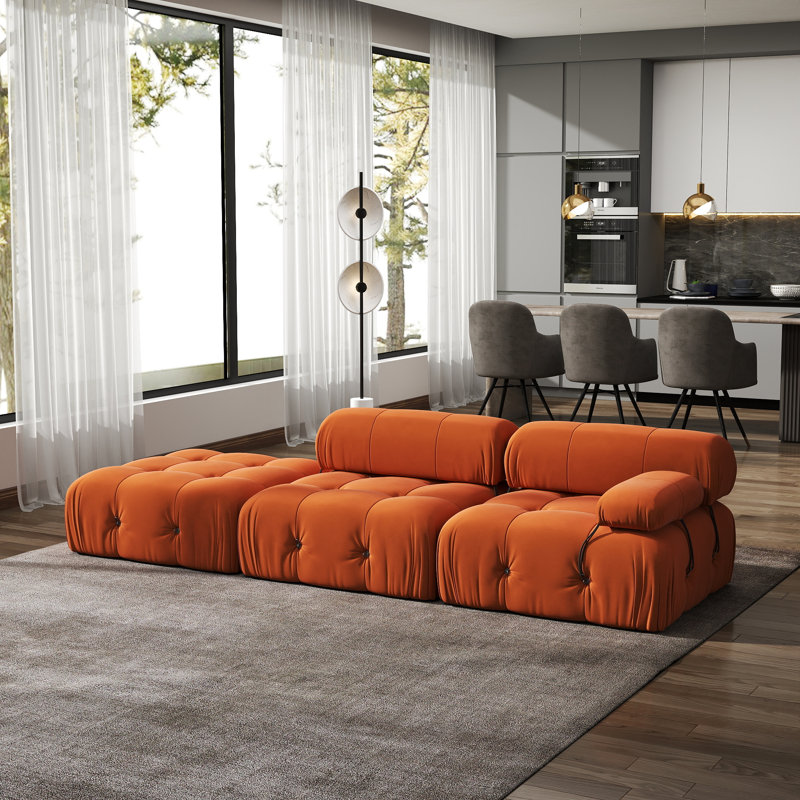 Canapé modulaire rembourré 3 pièces en velours avec repose-pieds 3 pièces, Orange