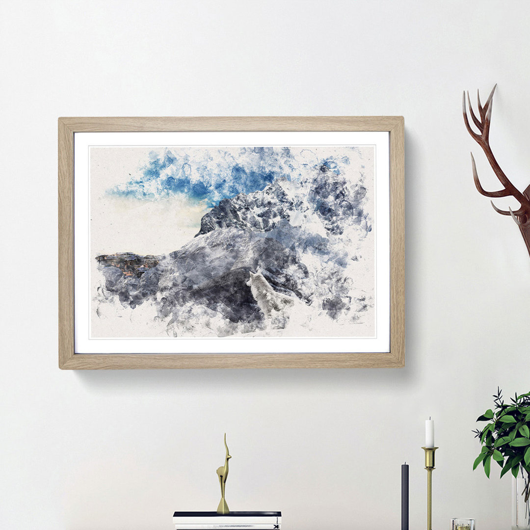 White Wolf with a Mountain Landscape - Framed Print