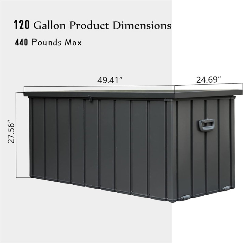 Boîte de rangement extérieure 120 gallons imperméable, H 27,56 po x l 49,41 po x P 24,69 po, Gris foncé