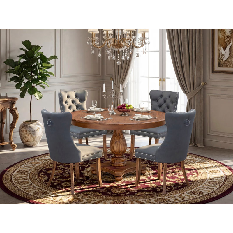 L'ensemble de table de salle à manger 5 pièces Mid-Century comprend une table et 4 chaises de salle à manger gris platine avec dossier capitonné - Finition noyer antique