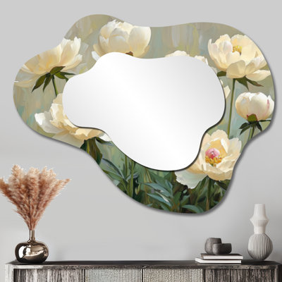 Été pivoines dans le jardin des herbes I - miroir asymétrique irrégulier pivoines, miroir mural traditionnel, imprimé sur métal