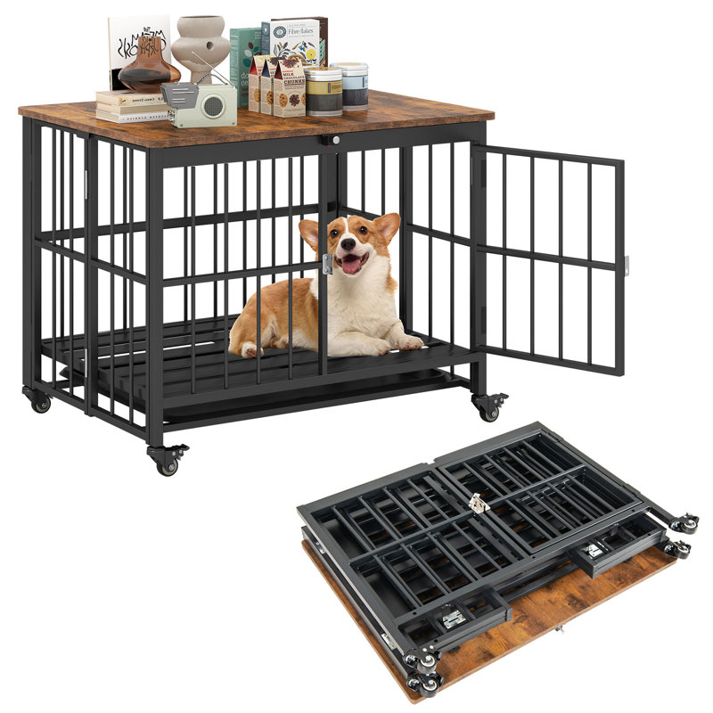  Mobilier de caisse pliable pour chien avec roulettes à porte verrouillable à plateau amovible, H 25 po x l 31,5 po x P 24 po