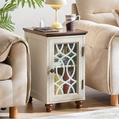 Narrow Side Table with Charging Station, Night Stand with Glass Door, Bedside End Tables with Adjustable Shelf Storage Cabinet,Wood Nightstand for Small Spaces Living Room Bedroom