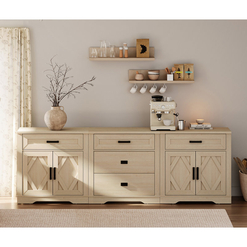94.5"W Extra-Large Buffet Cabinet, 3-In-1 Farmhouse Storage Cabinet With 3 Drawers And Barn Door Compartment, Spacious Wood Sideboard Buffet With Media Shelves For Office, Bedroom,Beige