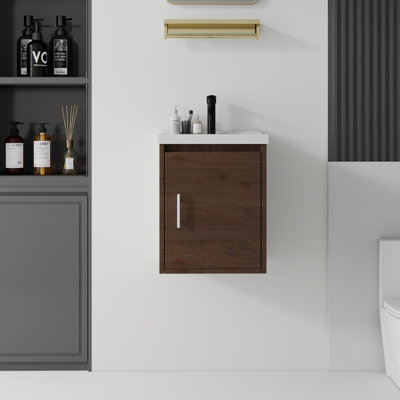 Meuble-lavabo suspendu de 40 cm avec lavabo, porte à fermeture douce, lavabo en céramique, meuble de salle de bain en contreplaqué, marron