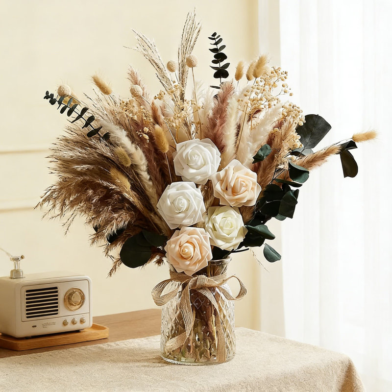 Arrangement de fleurs artificielles dans un vase avec de l'herbe de pampa séchée, centre de table floral rustique pour la maison et le bureau, décoration de table de ferme