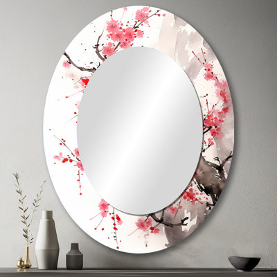 Asian Art Sumi Bird Serenity VIII - Miroir mural rouge Mid-Century