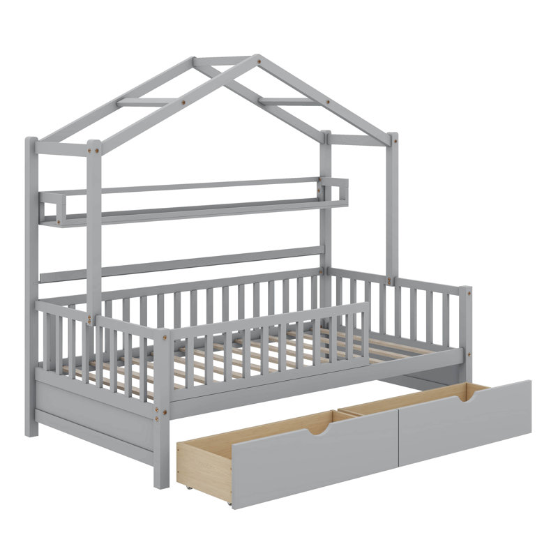 Lit avec tablette de rangement Zyreon, Simple, Gris