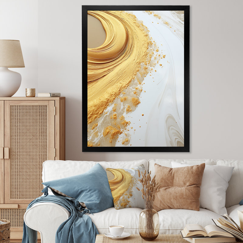Spirale de marbre moderne moderne or et blanc, H 32 po x l 16 po x P 1 po, Cadre simple noir