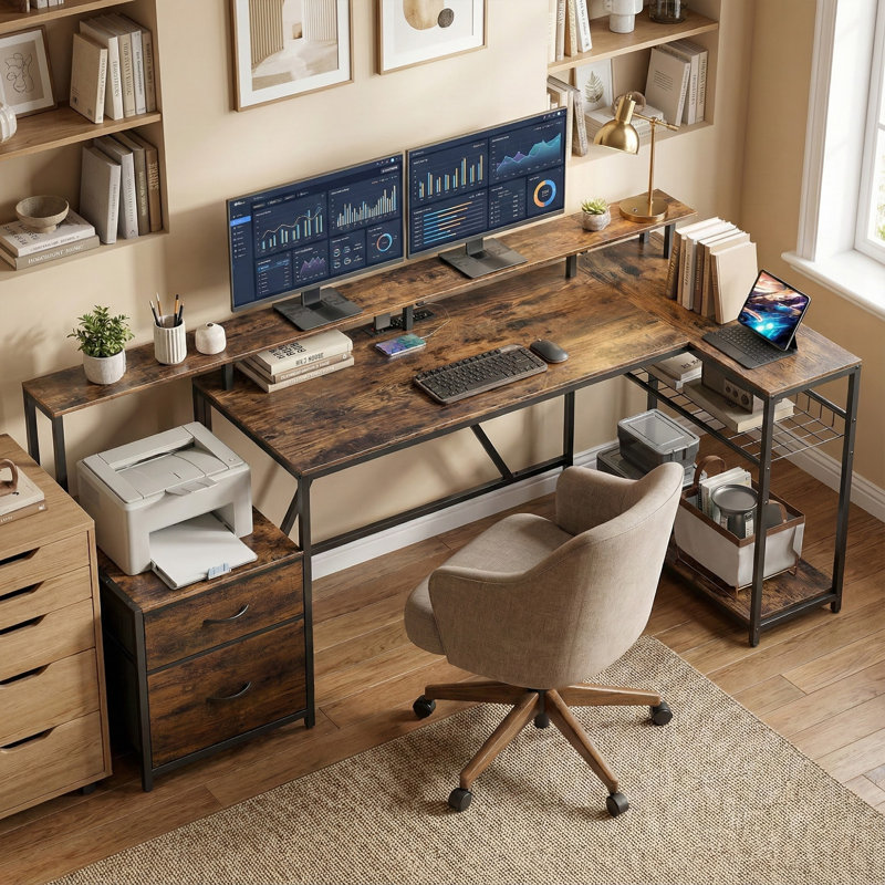 Bureau de jeu 76 po réversible avec lumières RVB et ports USB, brun rustique, Brun / Noir