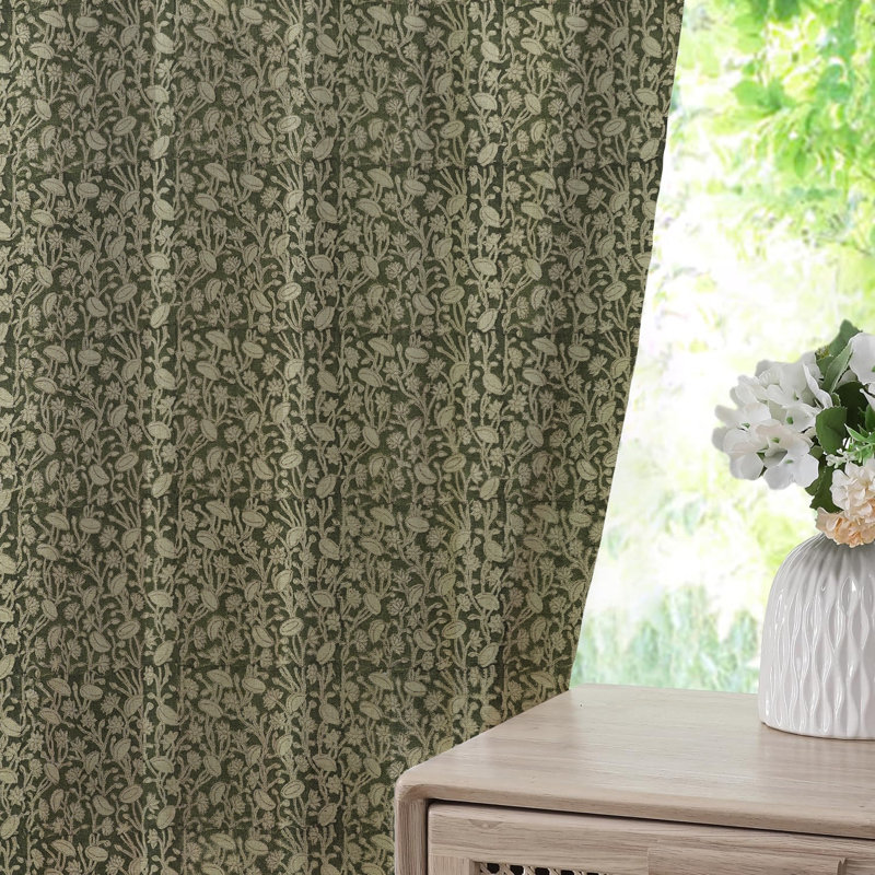 Fabdivine Green or Brown Handmade Floral Block Print 100% Blackout Room Darkening Elegant Window and Door, Patio Hook Drapes Thick Linen Spring, Summer 27x63 Inches for Living Room, Pista