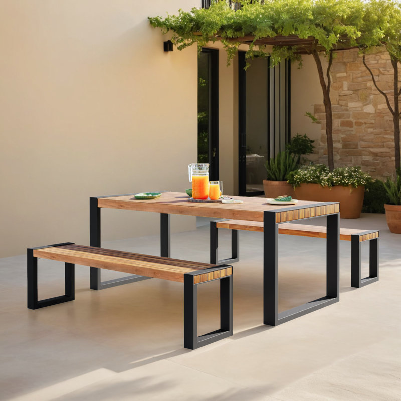 Ensemble de salle à manger d'extérieur 3 pièces avec 2 bancs