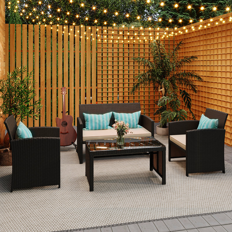 Wicker Outdoor Seating Group with Cushions, Beige Cushion/Black Frame