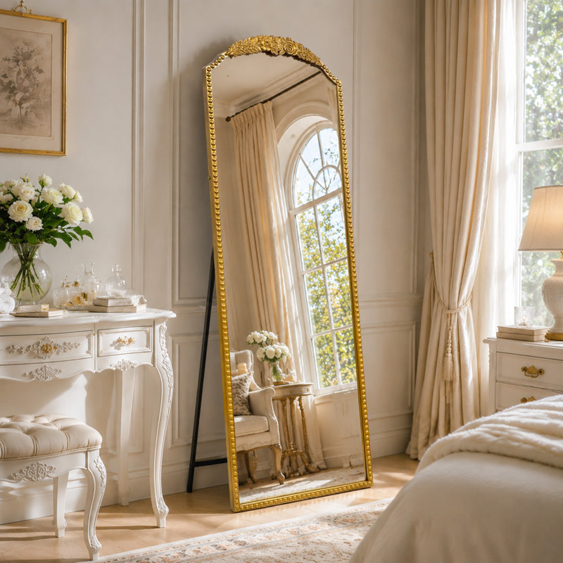 Miroir pleine longueur rétro rétro arqué doré avec support, 65 po x 22 po, Bright  Gold