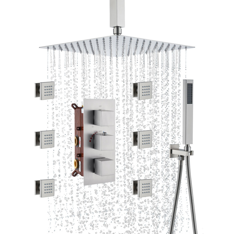 3-Function Ceiling Mounted Thermostatic Rainfall Shower System with 6 Body Jets and Rough-in Valve, Brushed Nickel
