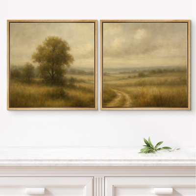 «Golden Countryside Tree and Path Peaceful Landscape», ensemble de 2 reproductions d'art encadrées