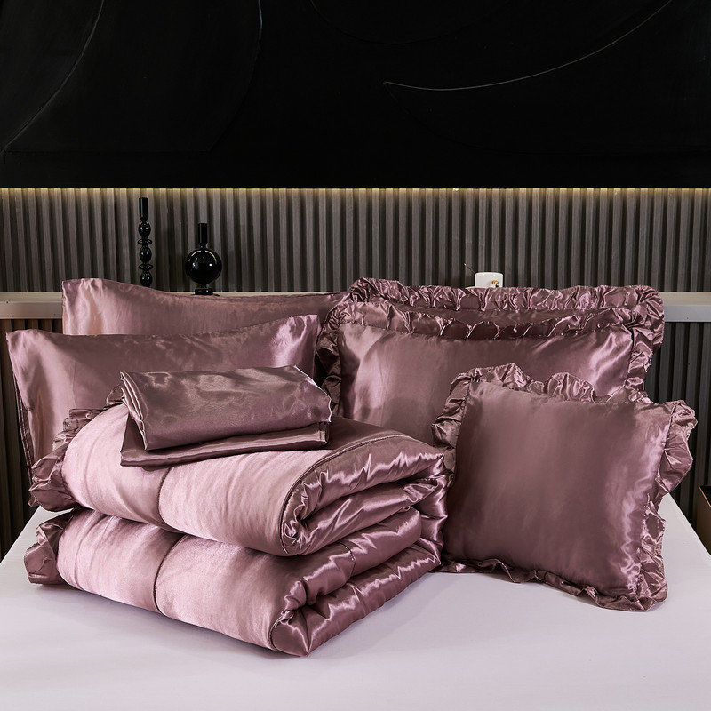 Ensemble d'édredon en satin avec draps pour grand lit 8 pièces Ensemble de literie en soie rose rosé soyeux avec 1 housse de coussin