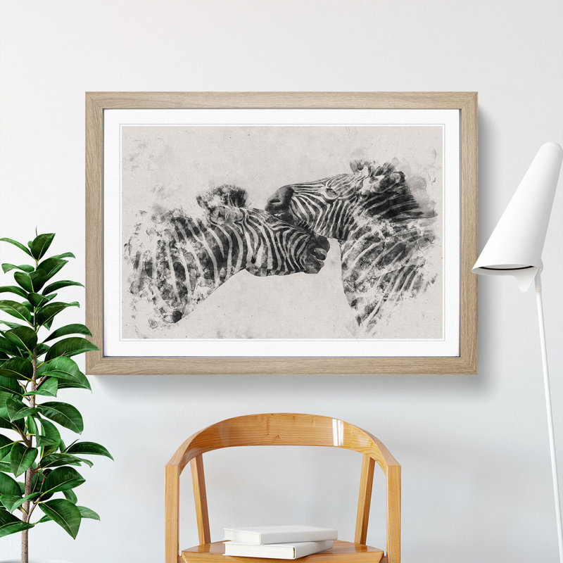 Zebras Vol.1 Watercolour - Picture Frame Graphic Art, Oak, 65cm H x 90cm W x 2cm D