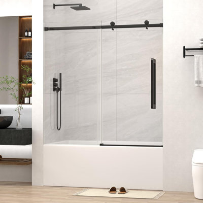 Sliding Bathtub Shower Door 60" W x 58" H Frameless Tub Glass Door, 1/4" (6mm) Thick Tempered Clear Glass with Easy-Clean Coating, Matte Black Shower Door for Bathtub, Stainless Steel Hardware