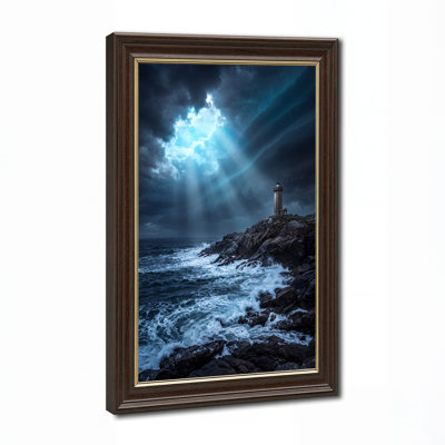 Phare en pierre sur falaise rocheuse avec rayons de soleil bleus - Tableau sur toile