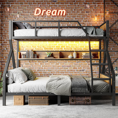 Lit simple superposé au-dessus de grand lit simple, lit superposé en métal avec tablettes de rangement et lumières, conception peu encombrante et silencieuse