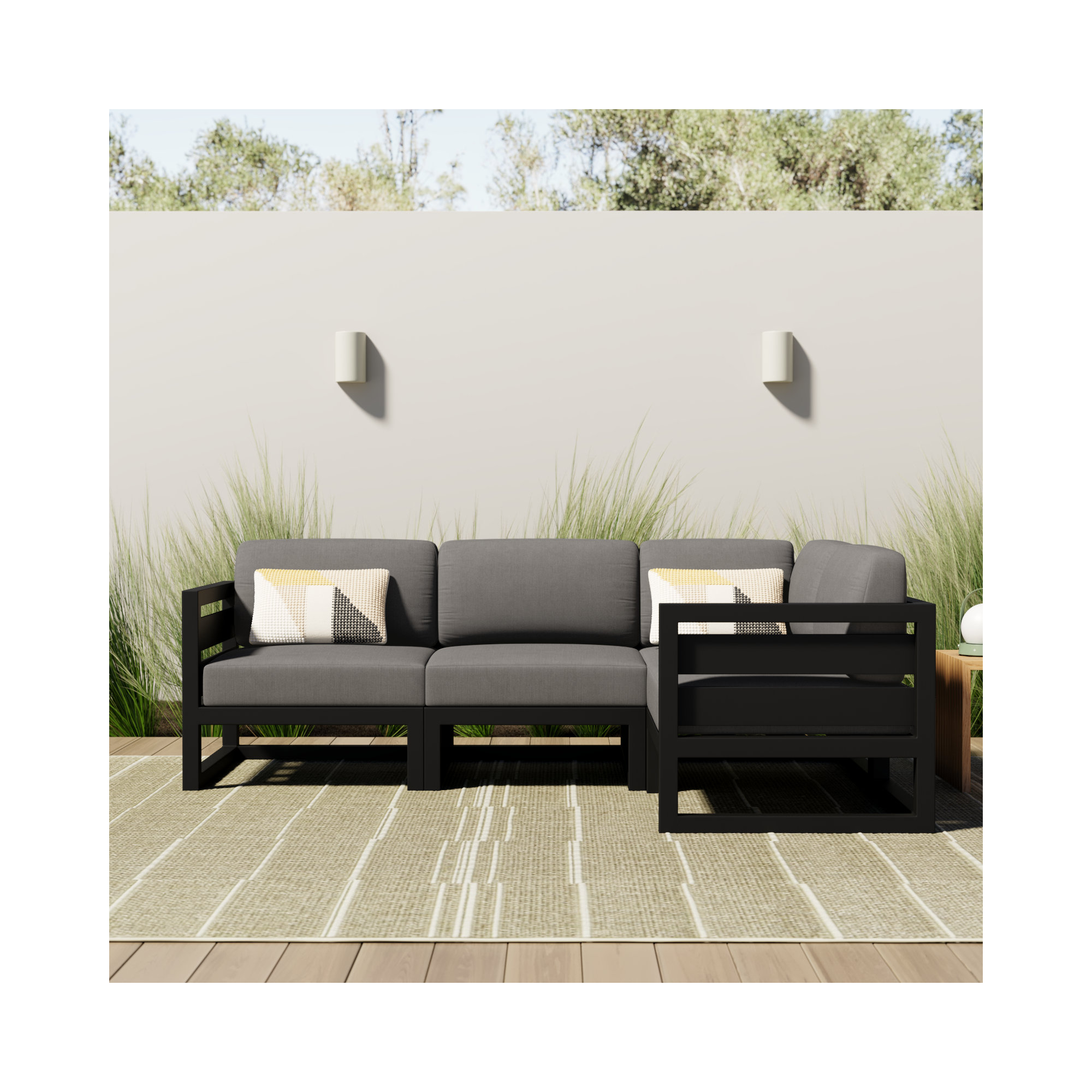 Smith 94" Outdoor Sectional with Sunbrella Cushions, Black, Canvas Charcoal