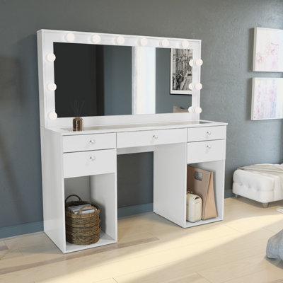 Boahaus Amira Extra-Large Lighted Makeup Vanity Desk, Big Mirror with Light Bulbs Built-in, USB- C / USB Outlet, 5 Drawers, 2 Open Storage Shelves, G -  Boahaus LLC, 1645-23-6105-12B-6203-05